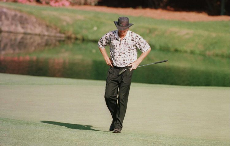 14 Apr 1996:  Greg Norman of Australia looks to the ground in dejection after missing another putt during the final round of the 1996 Masters at Au...