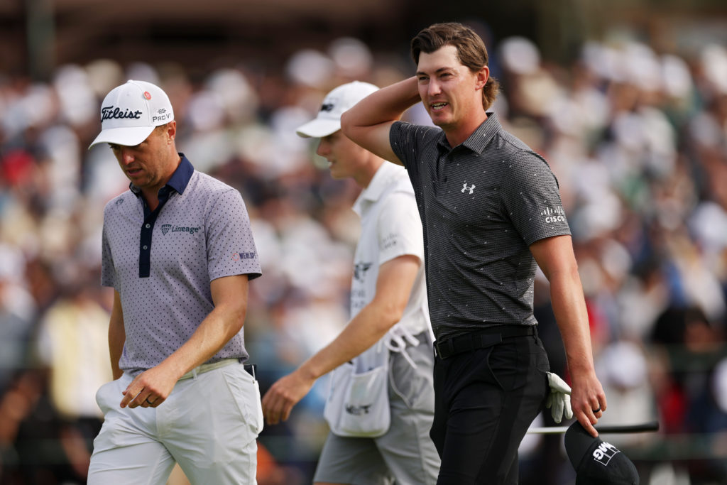 Maverick McNealy walks off 18th green at Genesis Invitational 2025