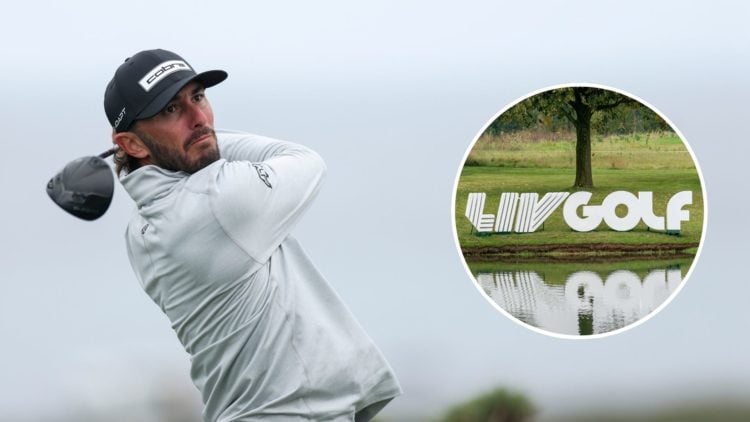 Max Homa hits a tee shot. Inset, the LIV Golf logo.
