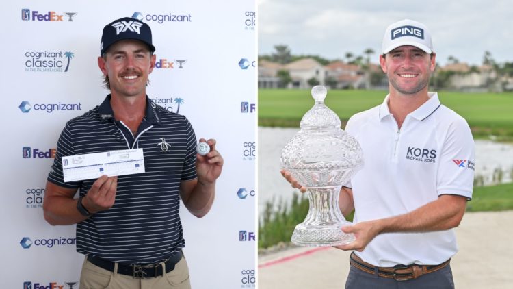 Split image as Jake Knapp of the United States poses with his scorecard and his ball after shooting a 59 during the first round of the Cognizant Cl...
