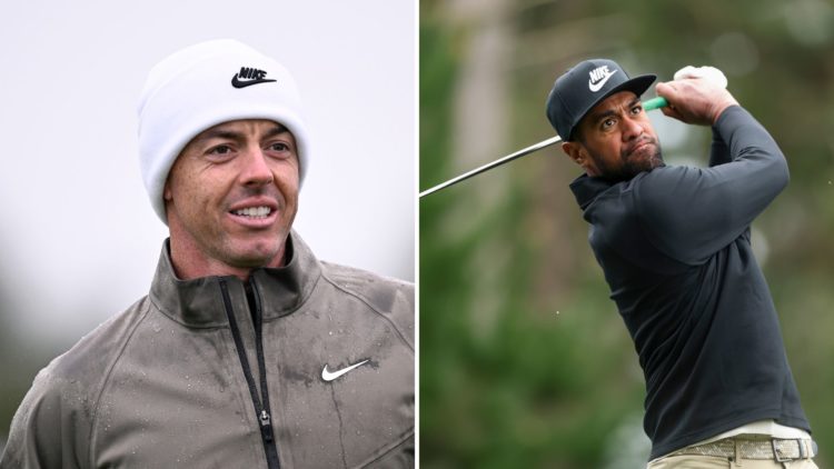 Tony Finau (right) hits a tee shot on the seventh hole during the second round of the AT&T Pebble Beach Pro-Am Rory McIlroy (left) looks on prior t...
