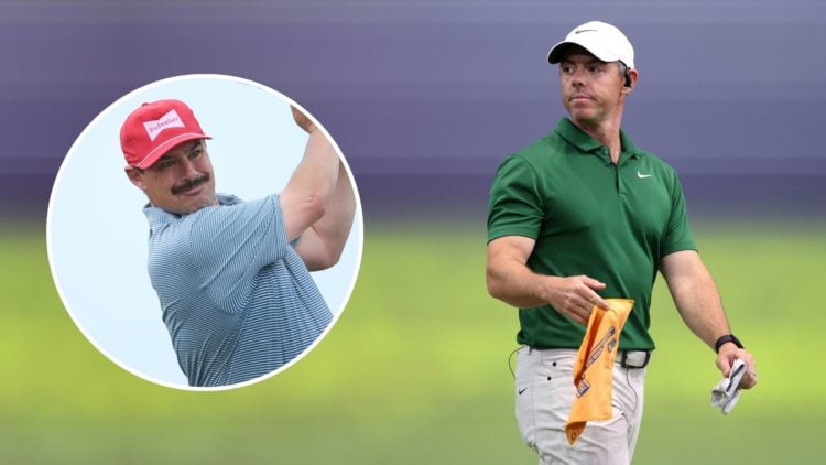 Rory McIlroy of Boston Common Golf picks up The Hammer on the 13th hole during their TGL presented by SoFi match. Inset, Johnson Wagner.