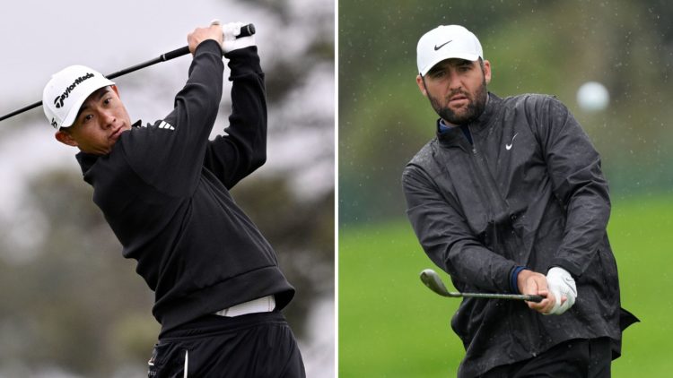 Split image of Collin Morikawa and Scottie Scheffler from the first round of the Genesis Invitational.