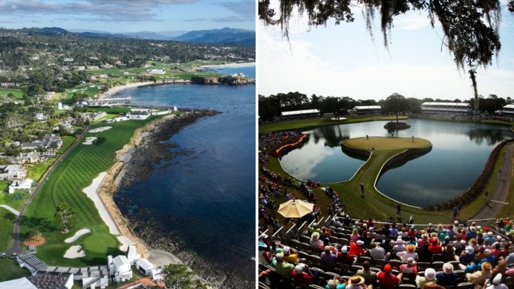 Split image of Pebble Beach golf course and TPC Sawgrass 17th hole.