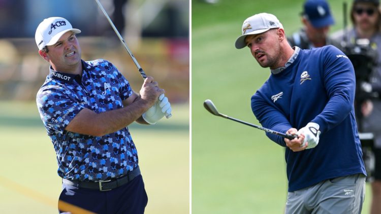 Split image of Patrick Reed of the ACES during a practice round, and Bryson DeChambeau hitting an iron off the 5th fairyway at LIV Golf Adelaide.