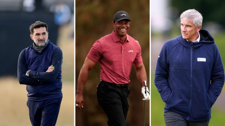 Yasir Al-Rumayyan (left) at the Alfred Dunhill Links Championship 2024 Tiger Woods (middle) at the 2024 PNC Championship Jay Monahan (right) at the...