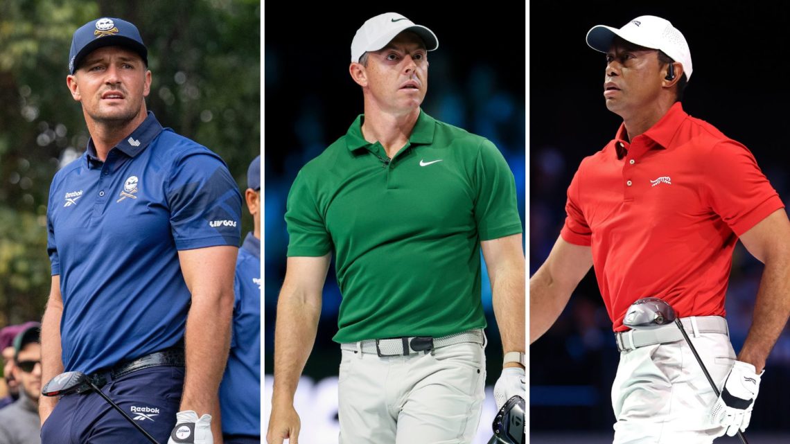 Split image of Bryson Dechambeau, Rory McIlroy, and Tiger Woods.