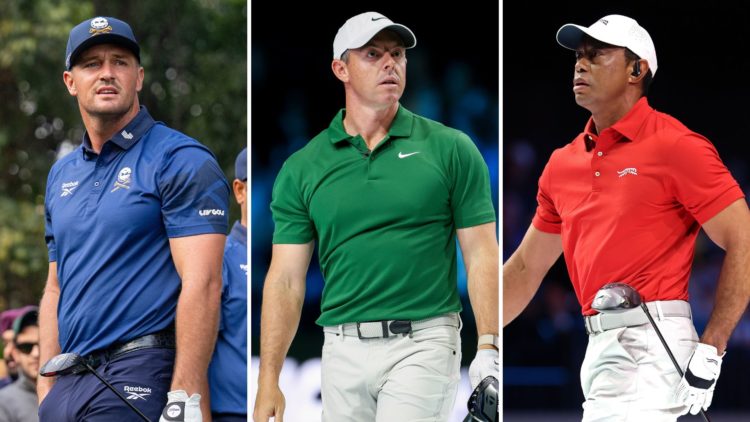 Split image of Bryson Dechambeau, Rory McIlroy, and Tiger Woods.