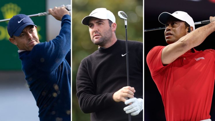 Split image of Rory McIlroy, Scottie Scheffler and Tiger Woods