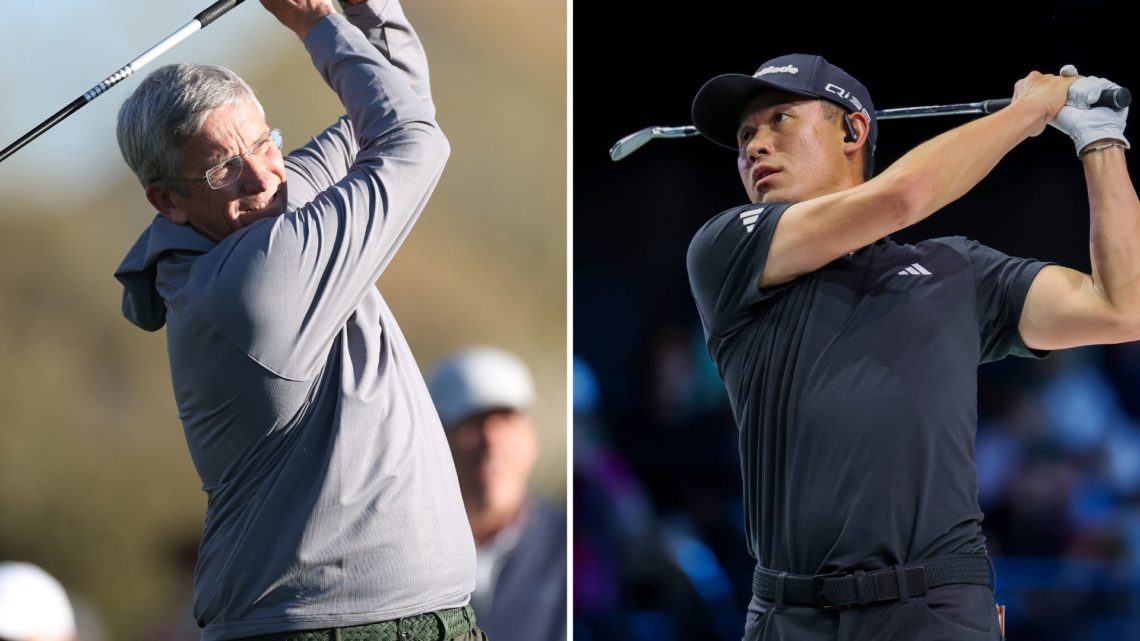 Split image of Jay Monahan and Collin Morikawa.