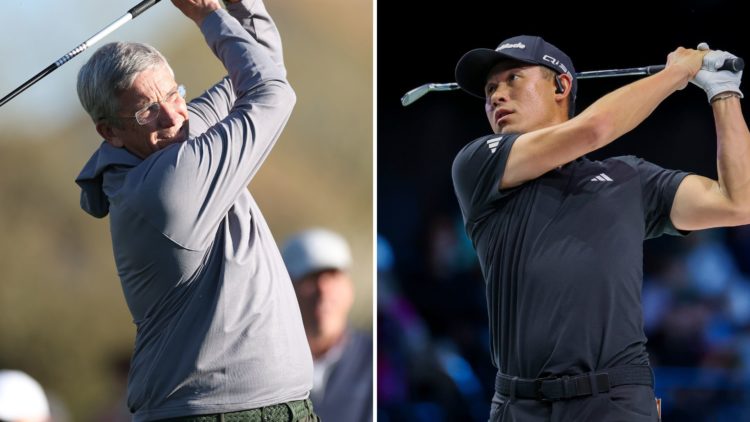 Split image of Jay Monahan and Collin Morikawa.