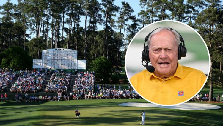 Augusta National Golf Club on April 14, 2024 in Augusta, Georgia with an inset of Jack Nicklaus talks during the NBC Sports broadcast during the th...