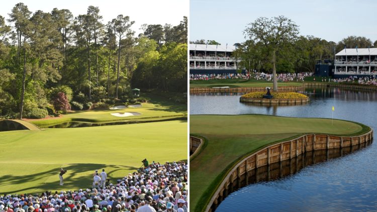 Split image of Collin Morikawa hits his tee shot at the 12th hole during the final round of Masters Tournament at Augusta National Golf Club on Apr...