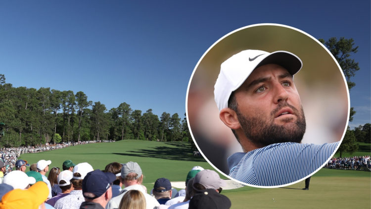 Augusta National Golf Club on April 14, 2024 in Augusta, Georgia with an inset of Scottie Scheffler of the United States plays his shot from the th...