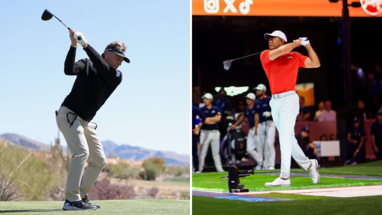 Split image of Bernhard Langer of Germany plays a tee shot on the second hole during the final round of the Cologuard Classic 2025 at La Paloma Cou...