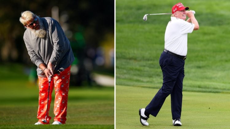 Split image of John Daly watches a putt on the 18th hole during the first round of the PNC Championship at Ritz-Carlton Golf Club on December 21, 2...
