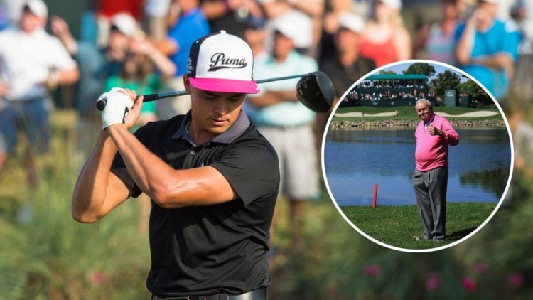 Rickie Fowler is frustrated with his tee shot on 18 during the first round of THE PLAYERS Championship. Inset, Arnold Palmer watching the golf duri...