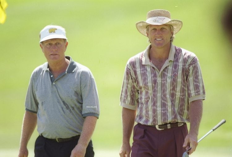 8 Aug 1995: Greg Norman (right) and Jack Nicklaus look on during the PGA Championships at the Riviera Country Club in Los Angeles, California.