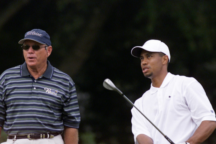 2 Nov 2001:  Tiger Woods practices with coach Butch Harmon before the start of the 2nd round of the Tour Championships at Champions Golf Course in ...