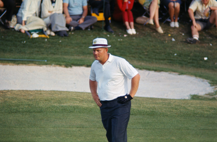 (Original Caption) Jack Nicklaus in golf action during April 9th third round of play in the Masters Golf tournament. Nicklaus finished the round in...