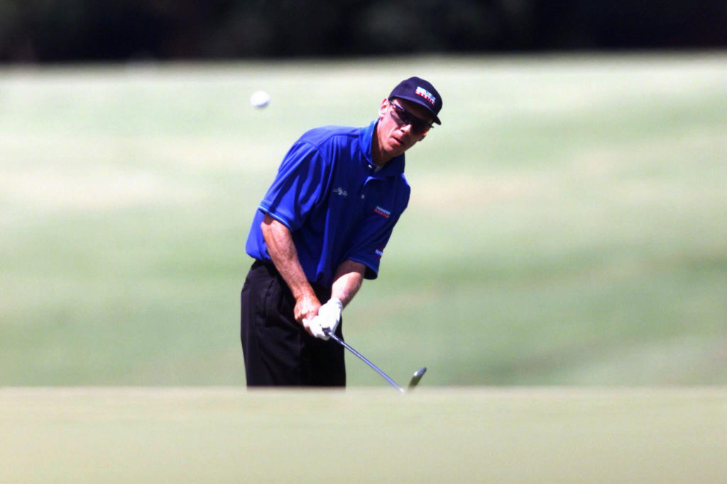 Brett Ogle plays one of his famed left handed chips on day two of The Australian