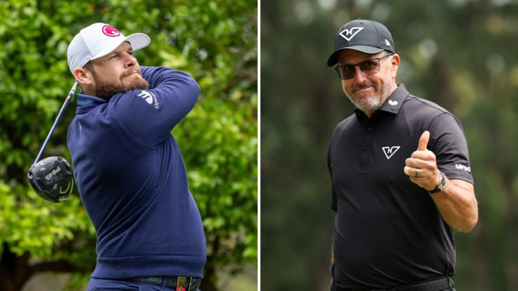 Split image as Tyrrell Hatton of England reacts during on day one of LIV Golf Hong Kong, and Phil Mickelson of Hyflyers GC celebrates the birdie on...