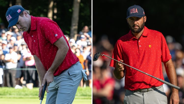 Split image of Team USA golfer Russell Henley on the 16th green at the 2024 Presidents Cup on September 29, 2024 at The Royal Montreal Golf Club in...