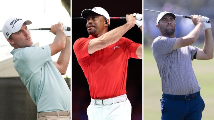 Three way split of PGA golfer Russell Henley plays his tee shot on the 17th hole during the final round of the Arnold Palmer Invitational presented...