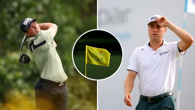 Split image of Viktor Hovland and Justin Thomas at the Valspar Championship with inset of a Masters flag