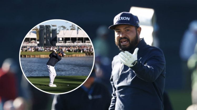 Image of J.J. Spaun of the United States reacting in the 2025 Players Championship playoff with an inset of J.J. Spaun playing his 17th tee shot.