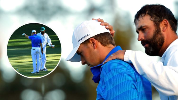 Jordan Spieth of the United States and caddie Michael Greller react after finishing on the 18th green. Inset, Spieth takes a drop.