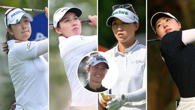Split image of A Lim Kim, Jeeno Thitikul, Lydia Ko and Rio Takeda, all playing shots, with an inset of Nelly Korda.