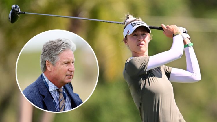Nelly Korda of the United States playing a shot with an inset of Brandel Chamblee of the United States looking on.