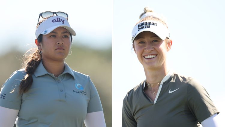 Split image of Nelly Korda of the United States reacts on from the third hole during the third round of the Founders Cup and Lilia Vu