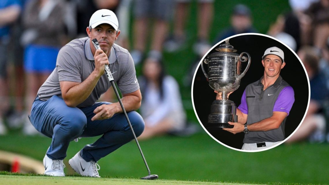 Rory McIlroy of Northern Ireland looks over a putt on the 17th hole during the final round of THE PLAYERS Championship. Inset, McIlroy with the Wan...