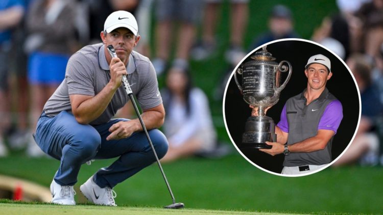 Rory McIlroy of Northern Ireland looks over a putt on the 17th hole during the final round of THE PLAYERS Championship. Inset, McIlroy with the Wan...