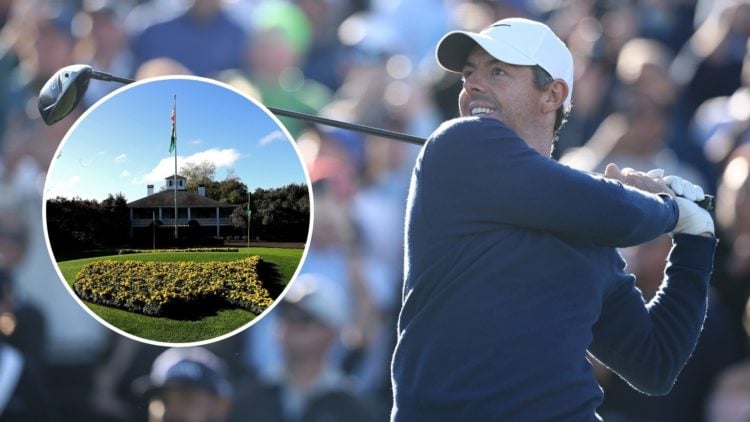Rory McIlroy of Northern Ireland plays his shot from the 18th tee during the playoff in the final round. Inset, Augusta National Golf Course.