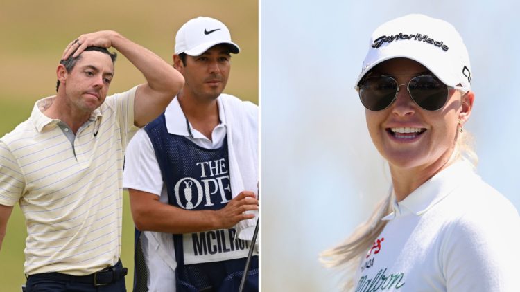 Charley Hull reacts during the second round of the Ford Championship/Rory McIlroy looks dejected on the 18th green during Day Four of The 150th Open