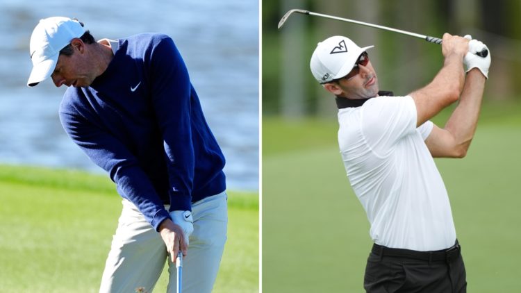 Split image of PGA golfer Rory McIlroy plays a shot in the 18th fairway during the aggregate playoff for The Players Championship at the Stadium Co...