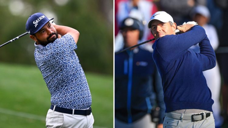 Rory McIlroy of Northern Ireland plays his tee shot on the 16th hole, and J.J. Spaun hits a tee shot on the 16th hole during the final round of THE...