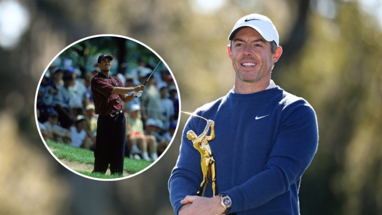 Rory McIlroy celebrates with the Players Championship trophy. Inset, Tiger Woods takes a swing during the Advil Western Open