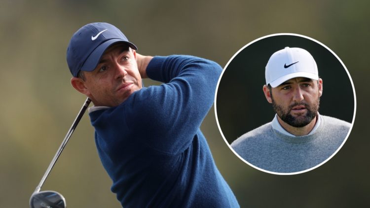 Rory McIlroy plays his shot from the third tee during the final round of the AT&T Pebble Beach Pro-Am 2025/Scottie Scheffler reacts after making pa...