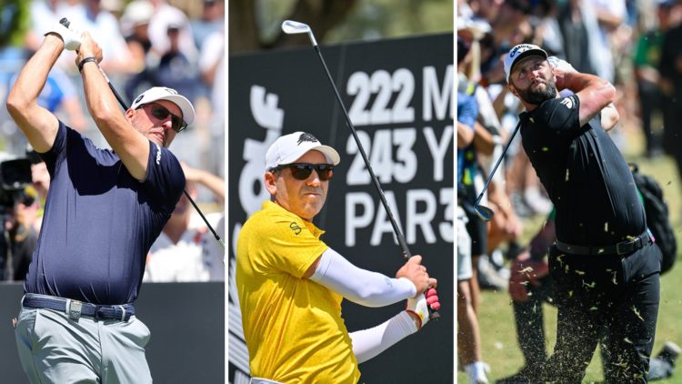 Split image of Phil Mickelson of Hyflyers GC on the 4th tee during day one of LIV Golf Adelaide at The Grange Golf Club on February 14, 2025 in Ade...