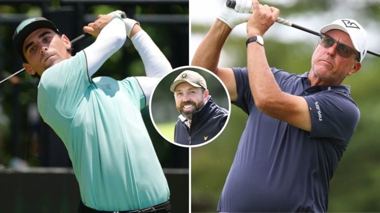 Phil Mickelson of the United States hits his tee at the 15th hole during day one of LIV Golf, and Joaquin Niemann of Torque GC tees off at 1st hole...