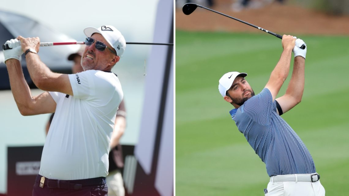 Split image of Phil Mickelson of Hyflyers GC tees off at 7th hole on day one of LIV Golf Singapore at Sentosa Golf Club on March 14, 2025 in Singap...