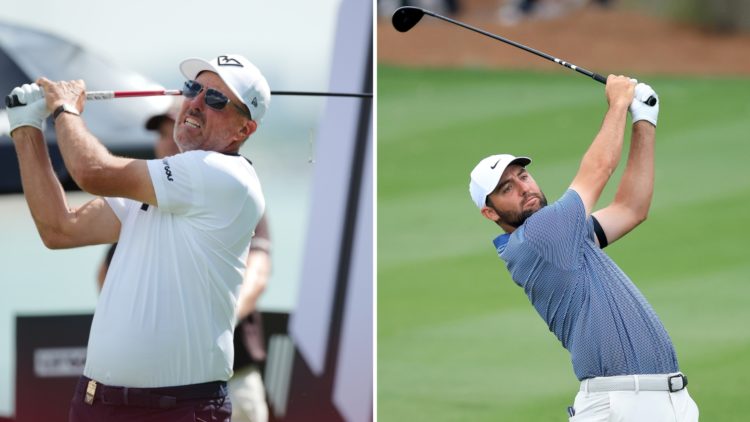 Split image of Phil Mickelson of Hyflyers GC tees off at 7th hole on day one of LIV Golf Singapore at Sentosa Golf Club on March 14, 2025 in Singap...