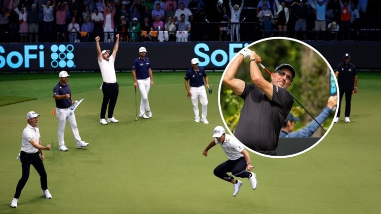 Billy Horschel of Atlanta Drive GC celebrates on the 14th green during TGL. Inset of Phil Mickelson