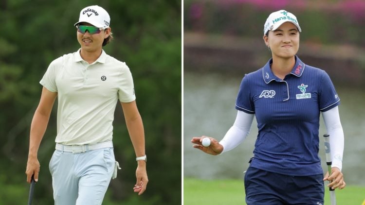 Split image of Min Woo Lee of Australia reacts to a missed putt on the 14th hole green during the final round of the Texas Children's Houston Open ...