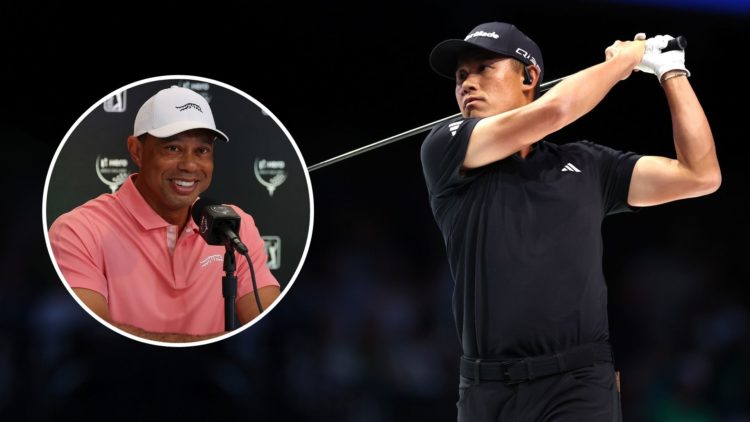 Colin Morikawa of Los Angeles Golf Club plays his shot from the first tee during their TGL presented by SoFi match against the New York Golf Club. ...
