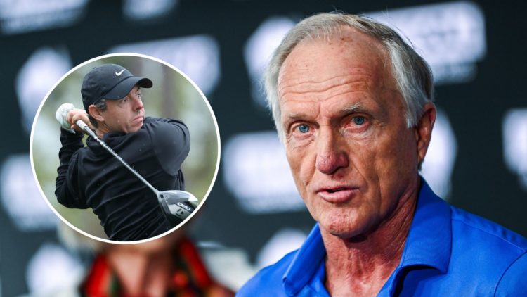 Greg Norman speaks to media announcing that LIV will stay in Adelaide till 2031. Inset, Rory McIlroy.